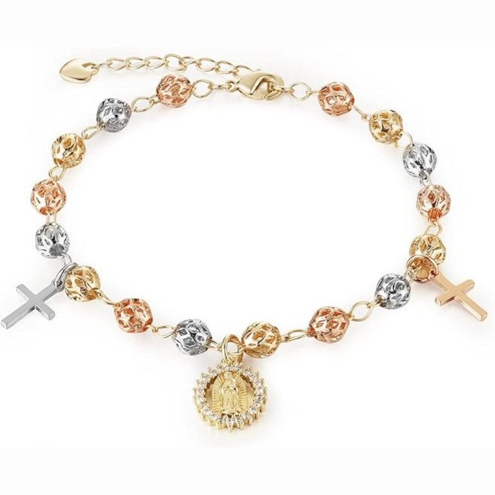 Virgin Mary & Cross Rosary Bead Cross Adjustable Link Bracelet
